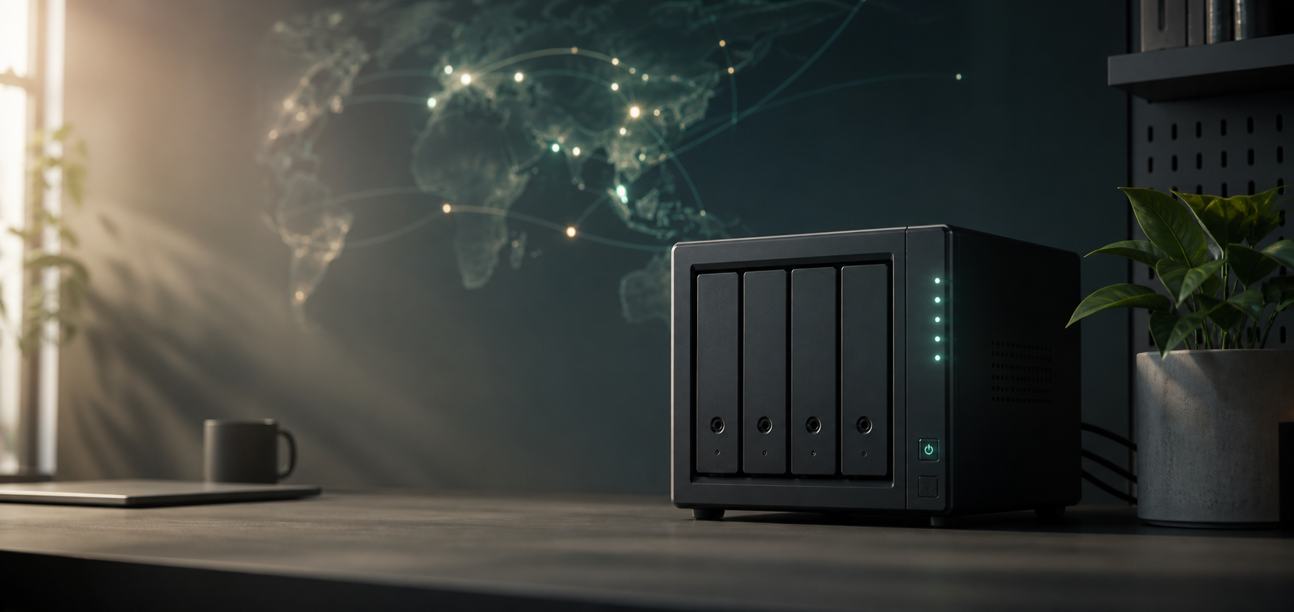 A calm illustrated home network storage setup with soft lights.