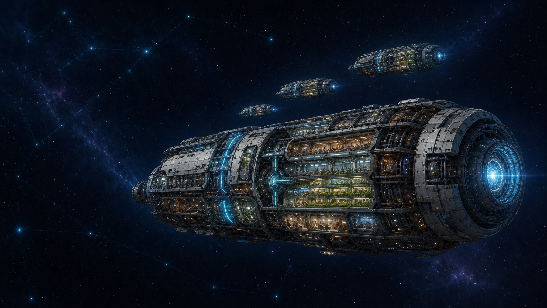 A restored generation ship leading three sister ships through deep space.